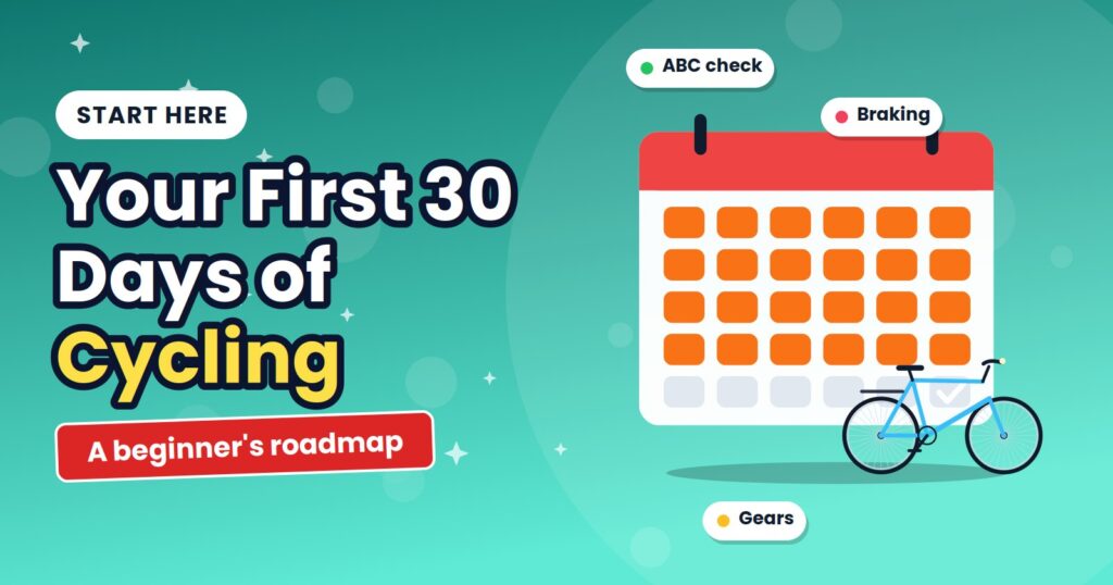 Calendar showing a 30-day cycling plan with a bicycle