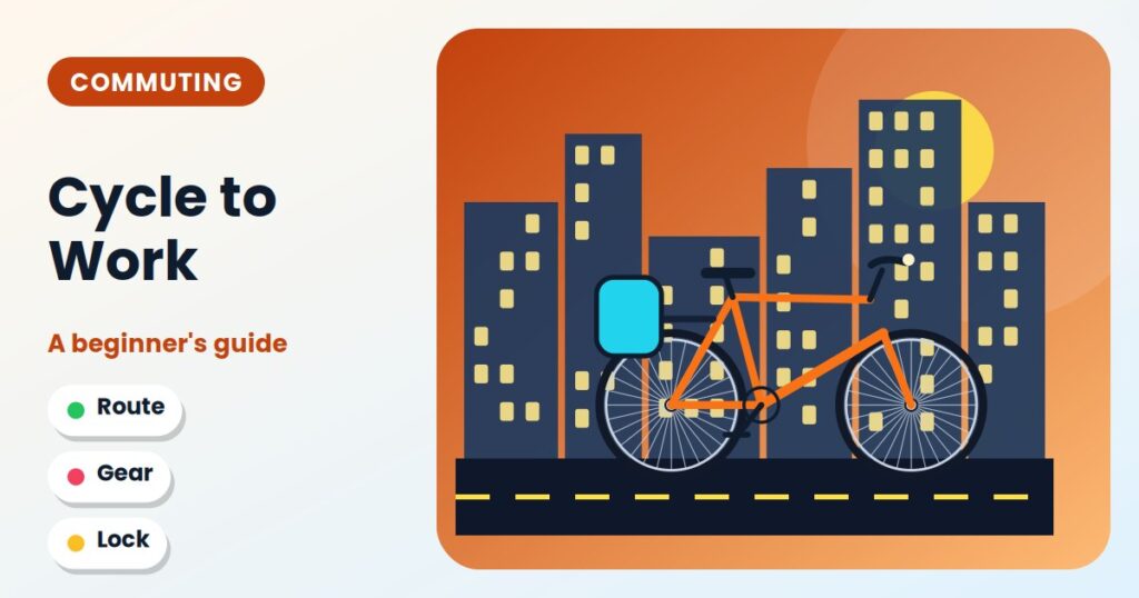 Cyclist riding past a city skyline at sunset