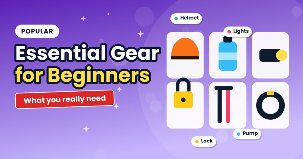 Cycling essentials: helmet, bottle, light, lock, pump and spare tube