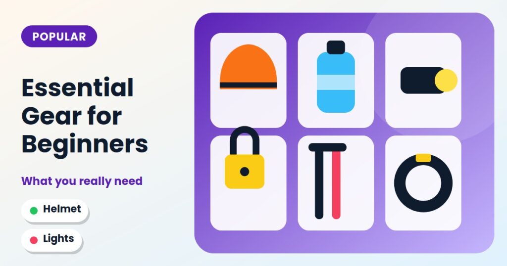 Cycling essentials: helmet, bottle, light, lock, pump and spare tube