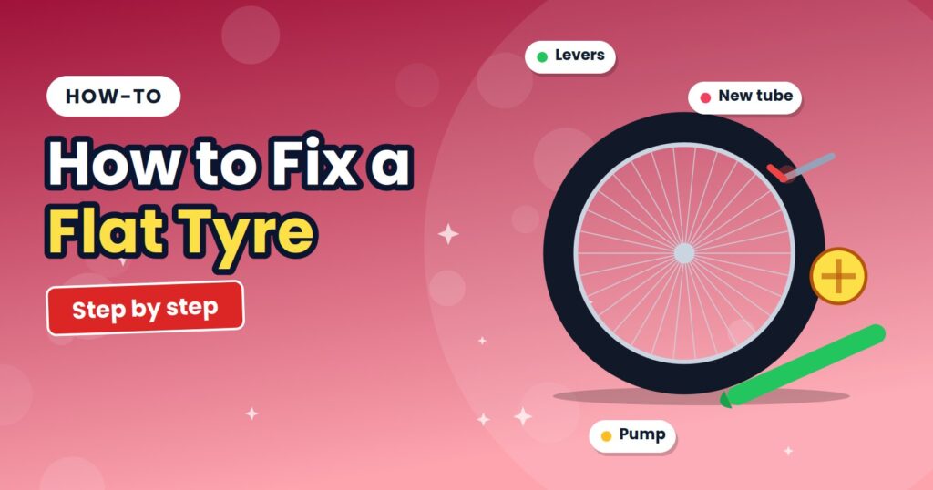 Bicycle wheel with a nail in the tyre, tyre lever and patch