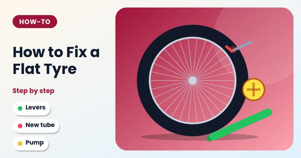 Bicycle wheel with a nail in the tyre, tyre lever and patch