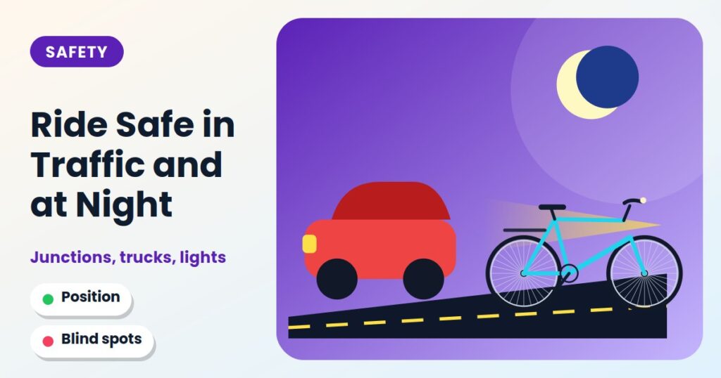 Cyclist with a bright headlight on a night road beside a car